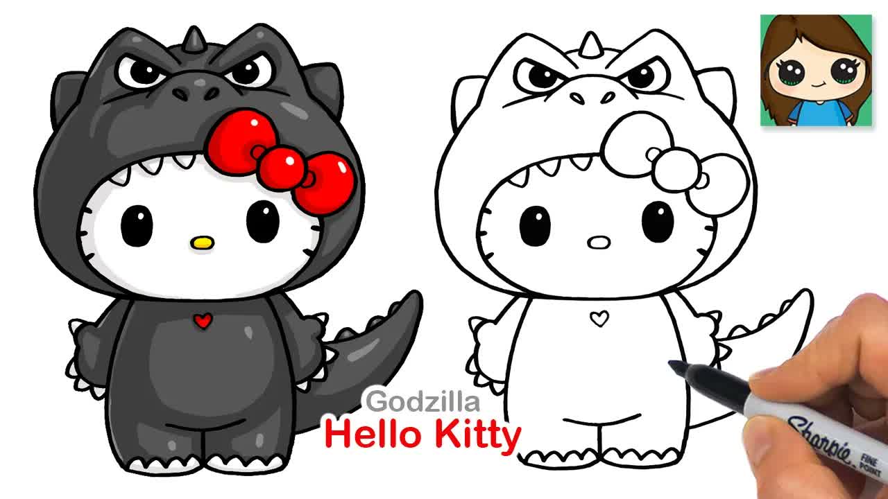 How to Draw Godzilla Hello Kitty | Sanrio Cute Drawing